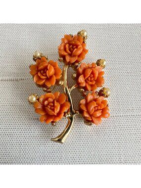1960s Faux Coral Resin Rose Brooch Gold Tone Faux Pearl Accents 2"